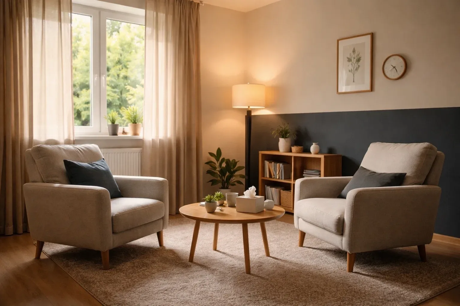 Gabinet terapeutyczny w CLT przygotowany do spokojnych spotkań.